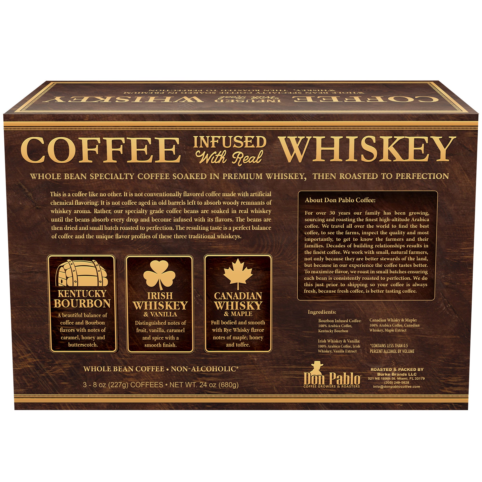 Don Pablo Whiskey Infused Coffee Gift Set box showcasing flavored coffee options like Kentucky Bourbon, Irish Whiskey, and Canadian Whiskey.