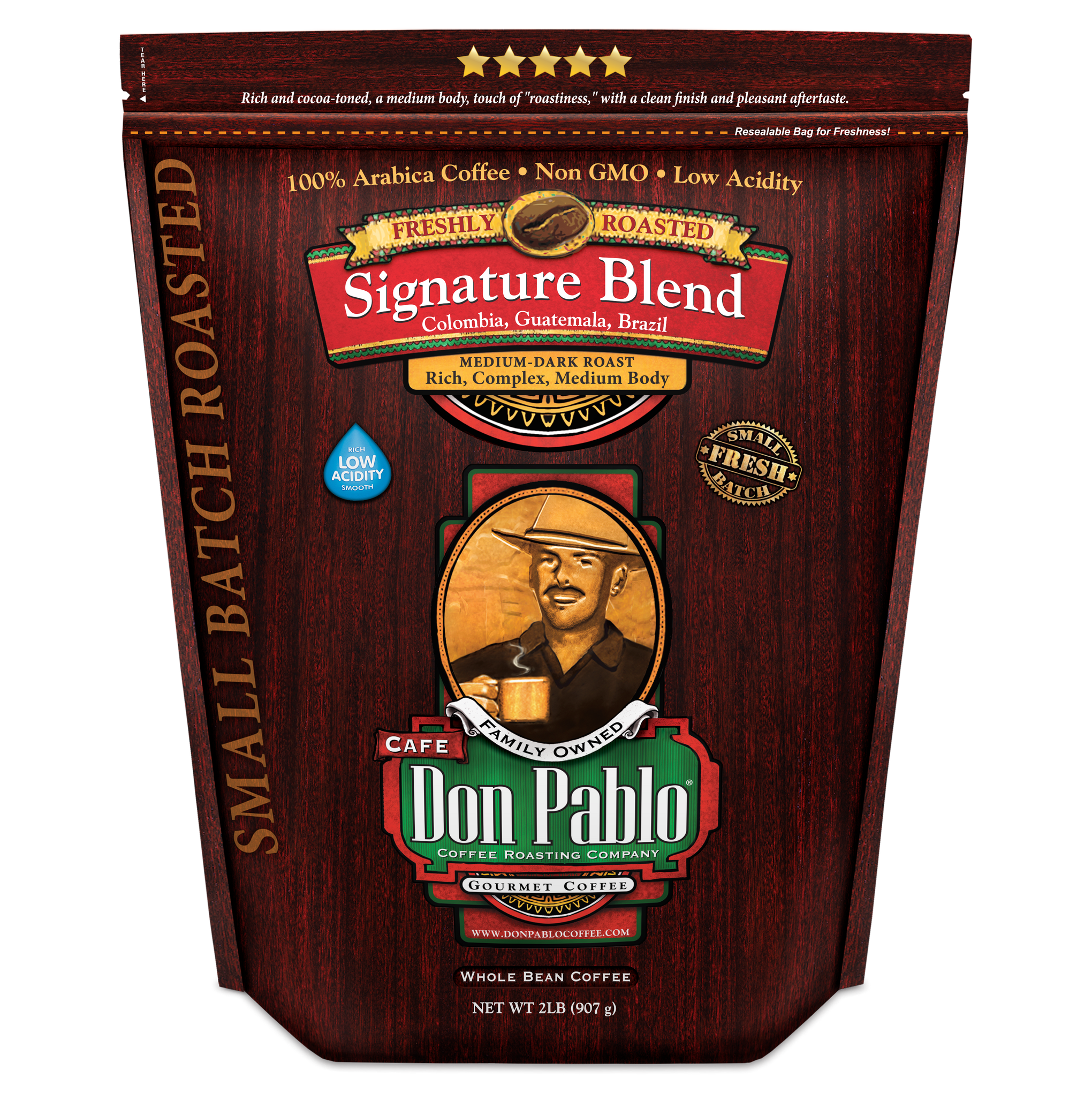 Don Pablo Signature Blend 2lb coffee bag — whole bean; small-batch roasted with the best 100% Arabica beans, medium-dark roast with smooth, rich flavor and low acidity hide