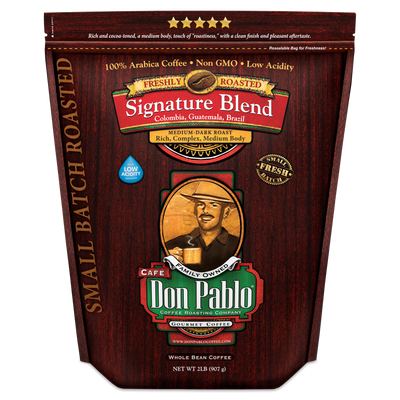 Don Pablo Signature Blend 2lb coffee bag — whole bean; small-batch roasted with the best 100% Arabica beans, medium-dark roast with smooth, rich flavor and low acidity hide