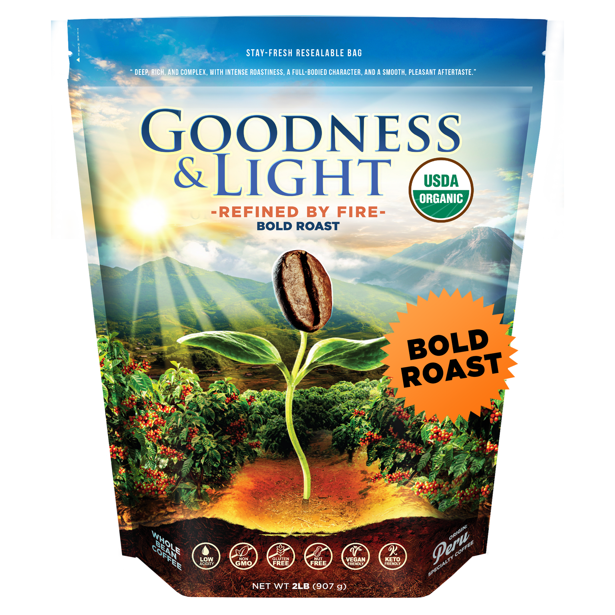 2LB Goodness & Light Organic Coffee Bold Roast bag — bold, full-bodied USDA Organic Arabica coffee grown in Peru; small-batch roasted for a smooth, low-acid finish with deep cocoa and roasted flavors; available whole bean or ground hide