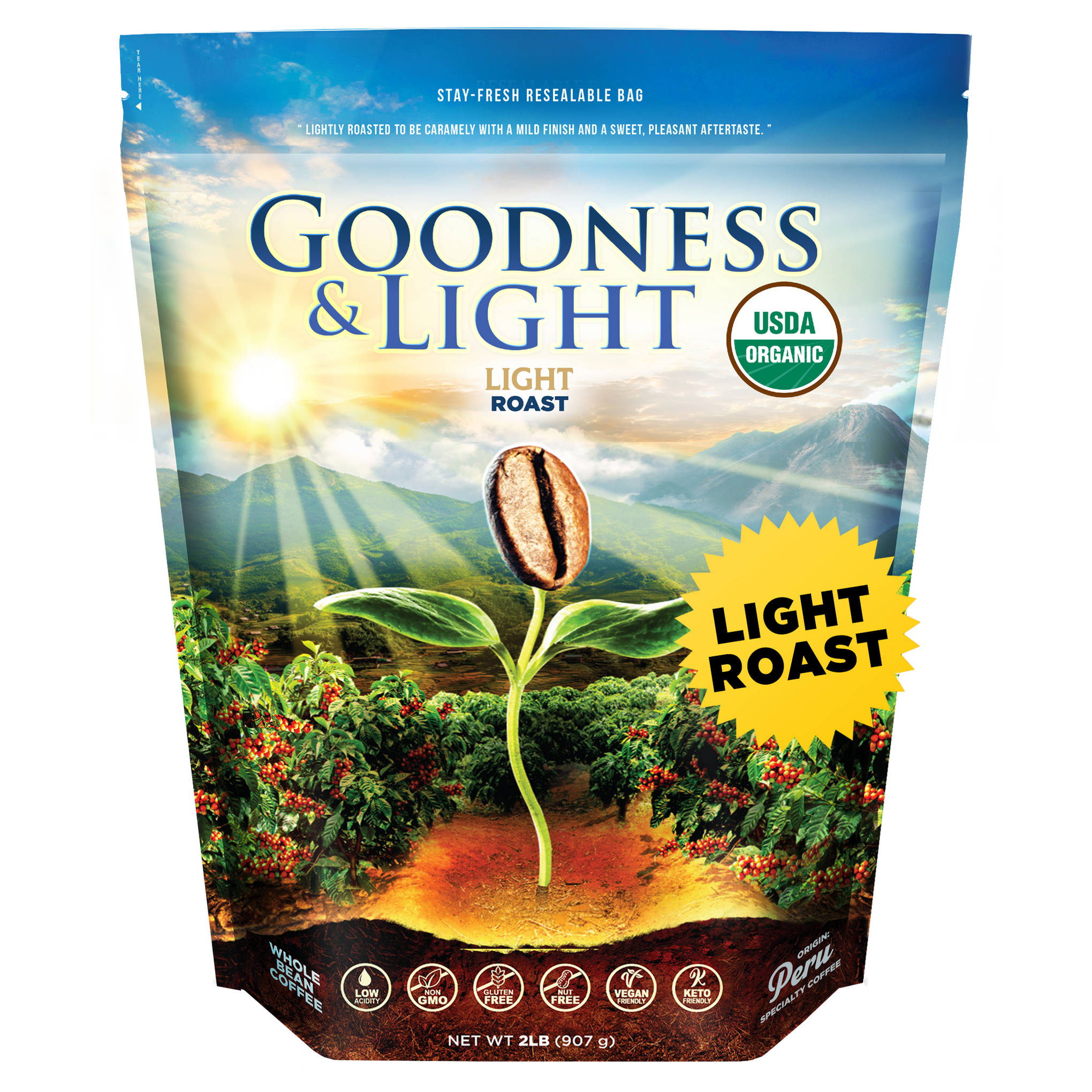 2LB Goodness & Light Organic Coffee Light Roast bag — grown in Peru, small-batch roasted from the best USDA Organic, Non-GMO Arabica beans; smooth and mellow with citrus and caramel notes, available whole bean or ground hide