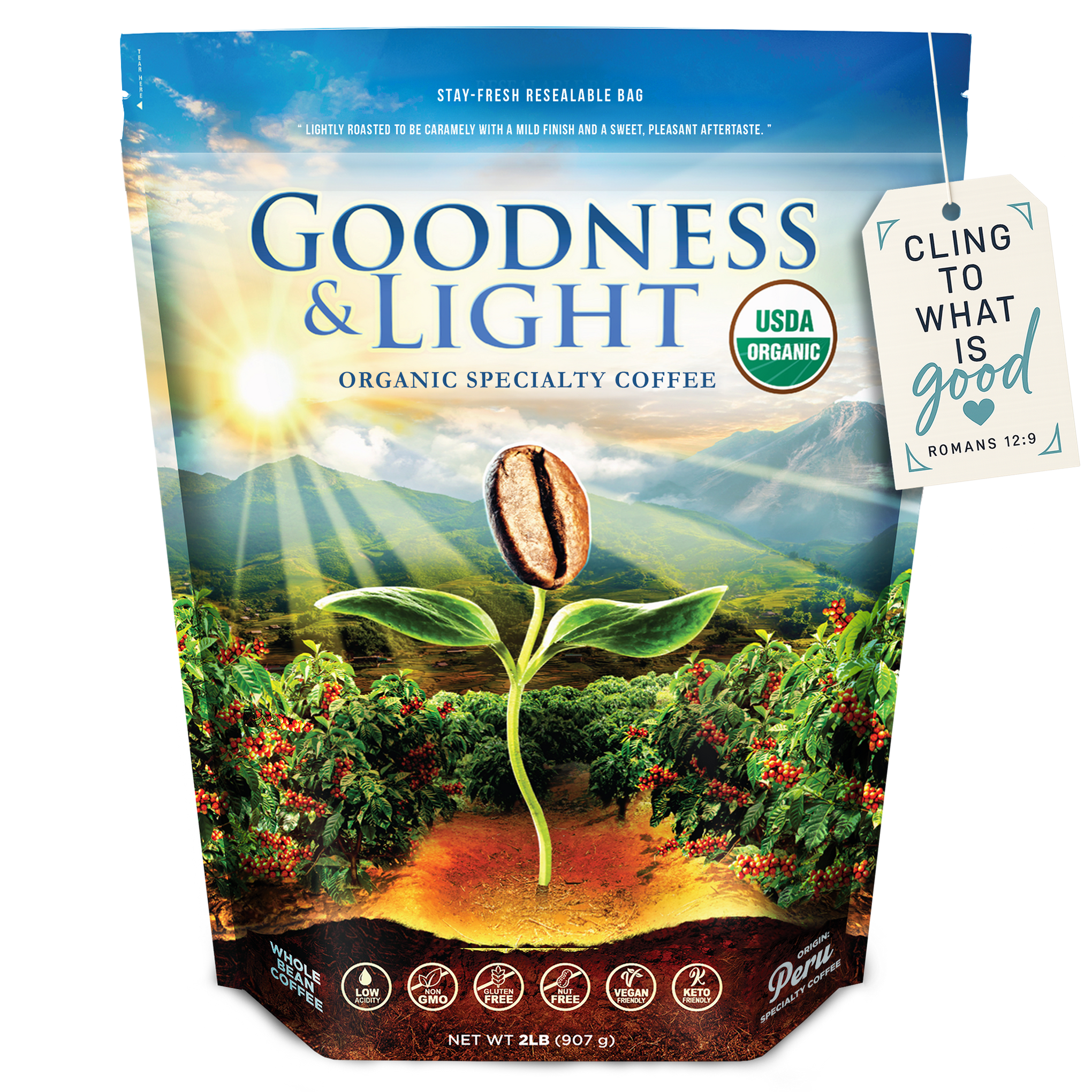 2LB Goodness & Light Organic Coffee bag — grown in Peru from the best USDA Organic, Non-GMO Arabica beans; available in Light, True Medium, and Bold roasts; small-batch roasted, smooth flavor, low acidity, whole bean or ground hide