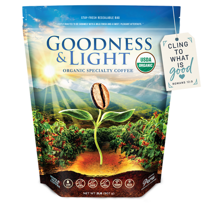 2LB Goodness & Light Organic Coffee bag — grown in Peru from the best USDA Organic, Non-GMO Arabica beans; available in Light, True Medium, and Bold roasts; small-batch roasted, smooth flavor, low acidity, whole bean or ground hide