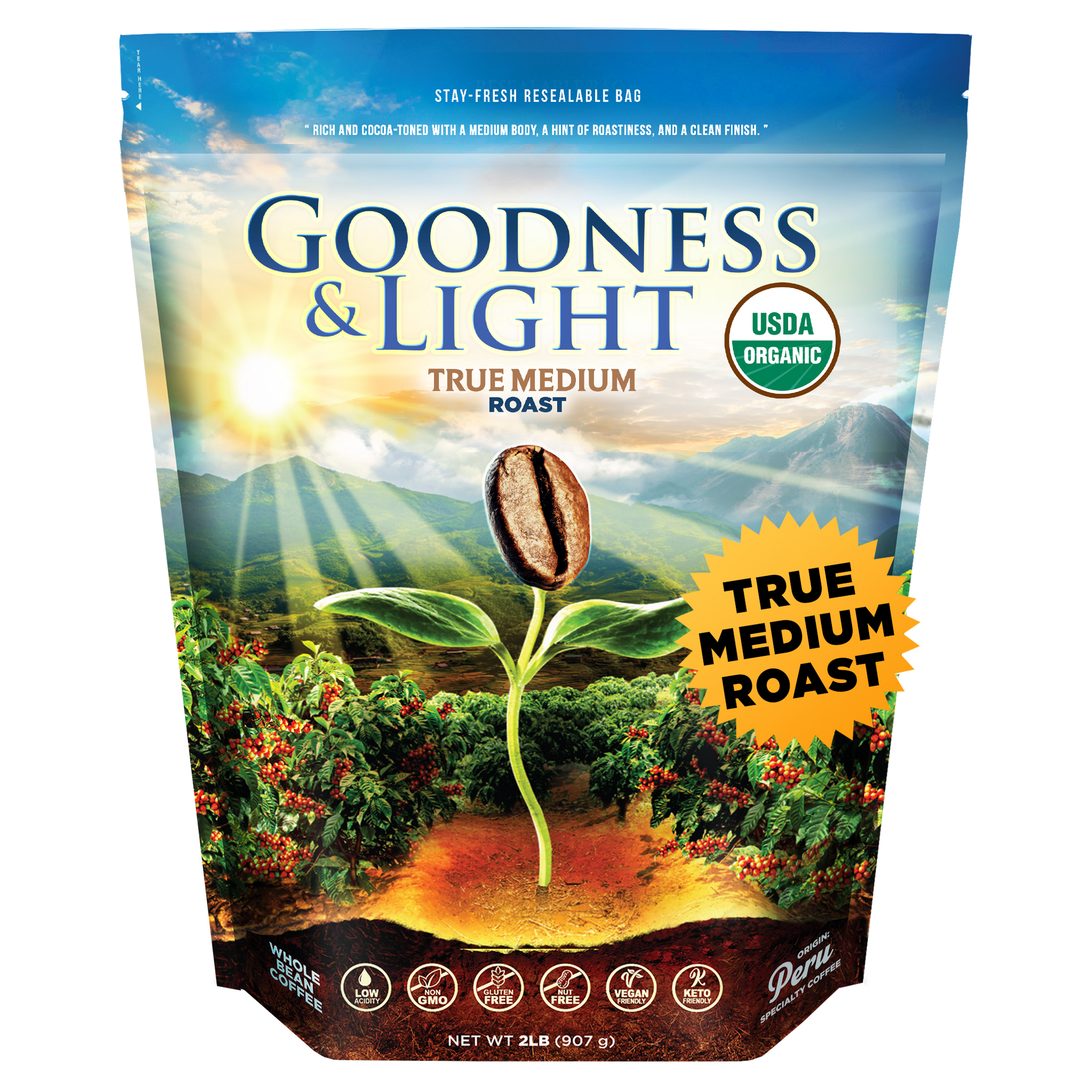 2LB Goodness & Light Organic Coffee True Medium Roast bag — Peruvian-grown, small-batch roasted organic Arabica beans; well-balanced with chocolate and caramelized sugar notes, low acidity, available whole bean or ground hide