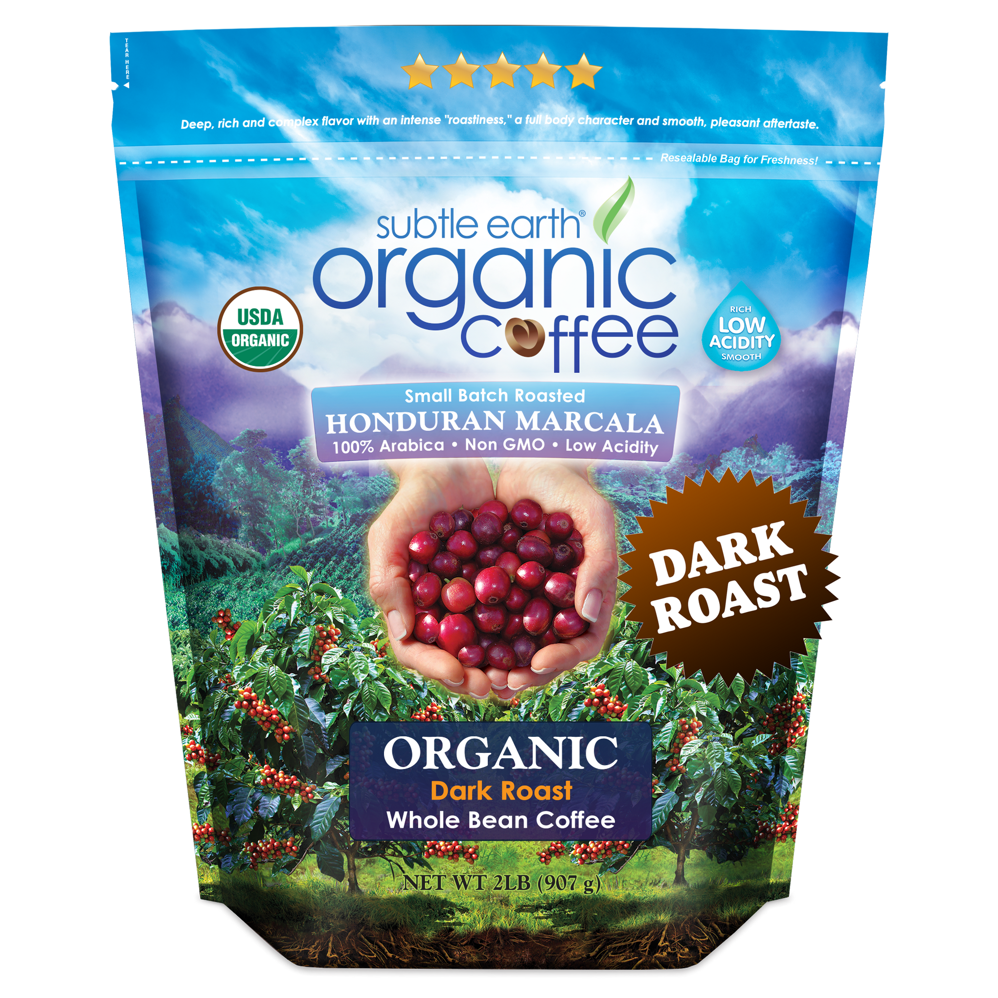 2LB Subtle Earth Organic Dark Roast Coffee bag — bold and smooth, small-batch roasted from the best organic Arabica beans; available whole bean or ground; deep, smoky richness with a sweet finish hide