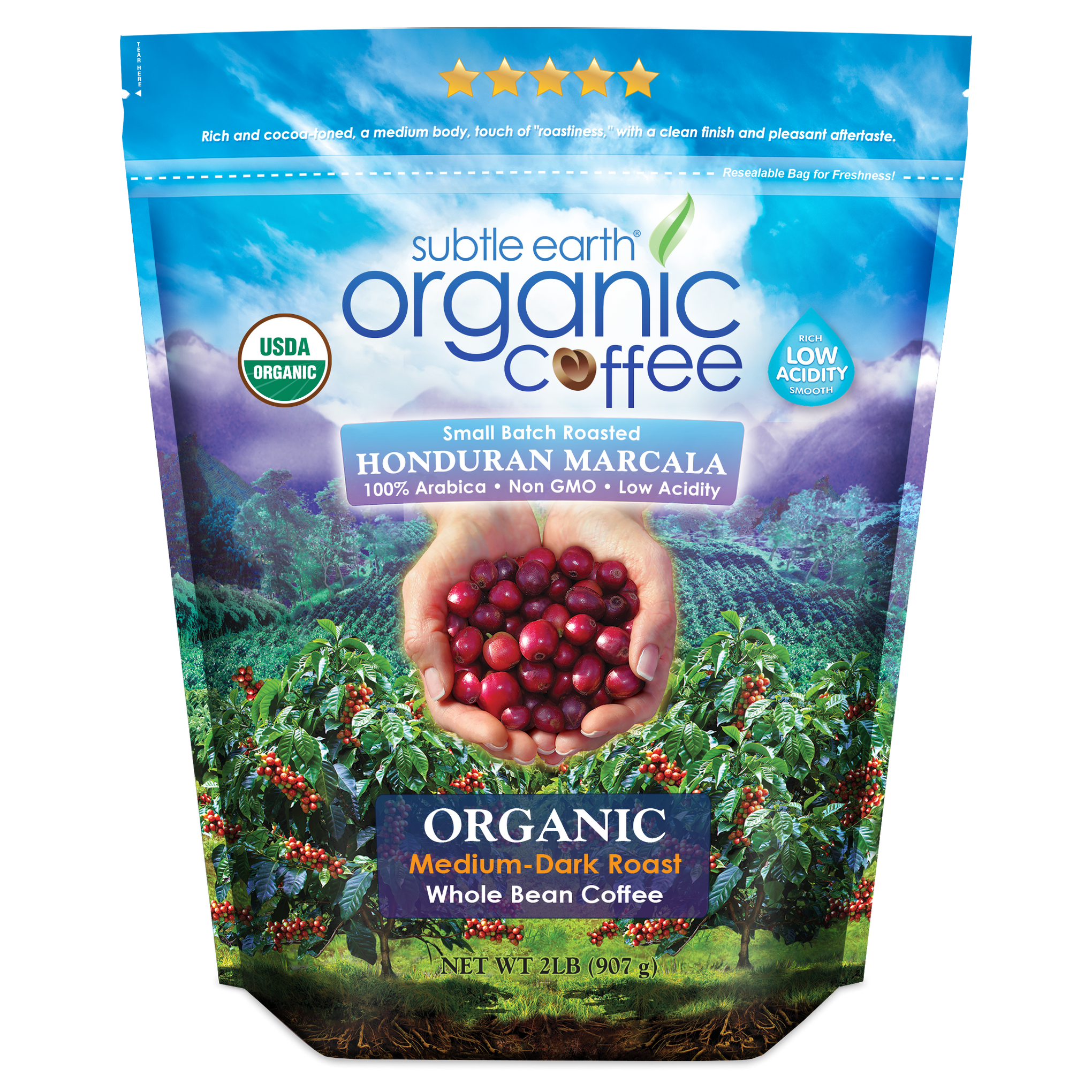 Subtle Earth Organic Medium-Dark Roast Coffee bag — small-batch roasted from premium organic Arabica beans; rich chocolate and caramel flavor with low acidity hide