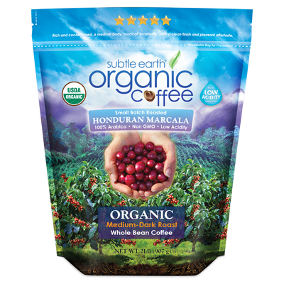 Subtle Earth Organic Medium-Dark Roast Coffee bag — small-batch roasted from premium organic Arabica beans; rich chocolate and caramel flavor with low acidity hide