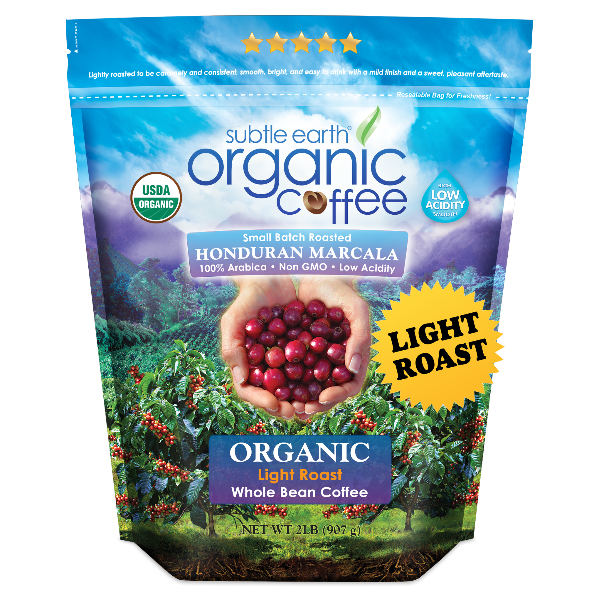 2LB Subtle Earth Organic Light Roast Coffee bag — small-batch roasted from the best organic Arabica beans; available whole bean or ground; mellow citrus and caramel notes with a clean finish hide