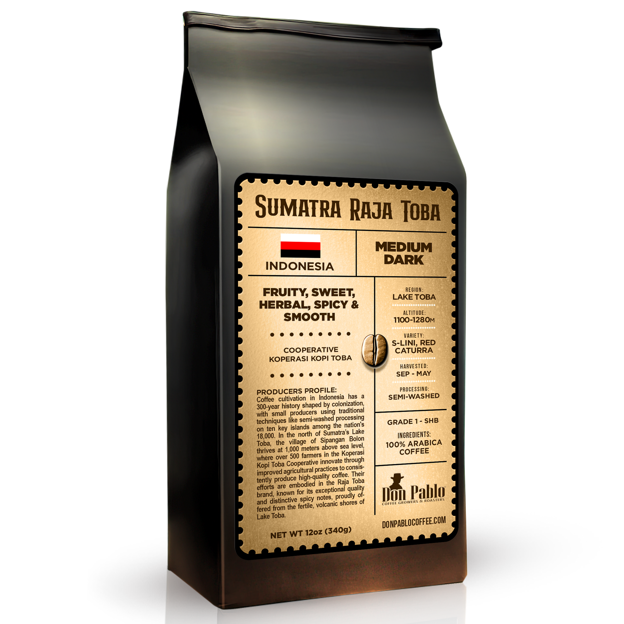 Raja Toba Sumatra coffee bag featuring a medium dark roast with tasting notes of fruity, herbal, and spicy flavors.