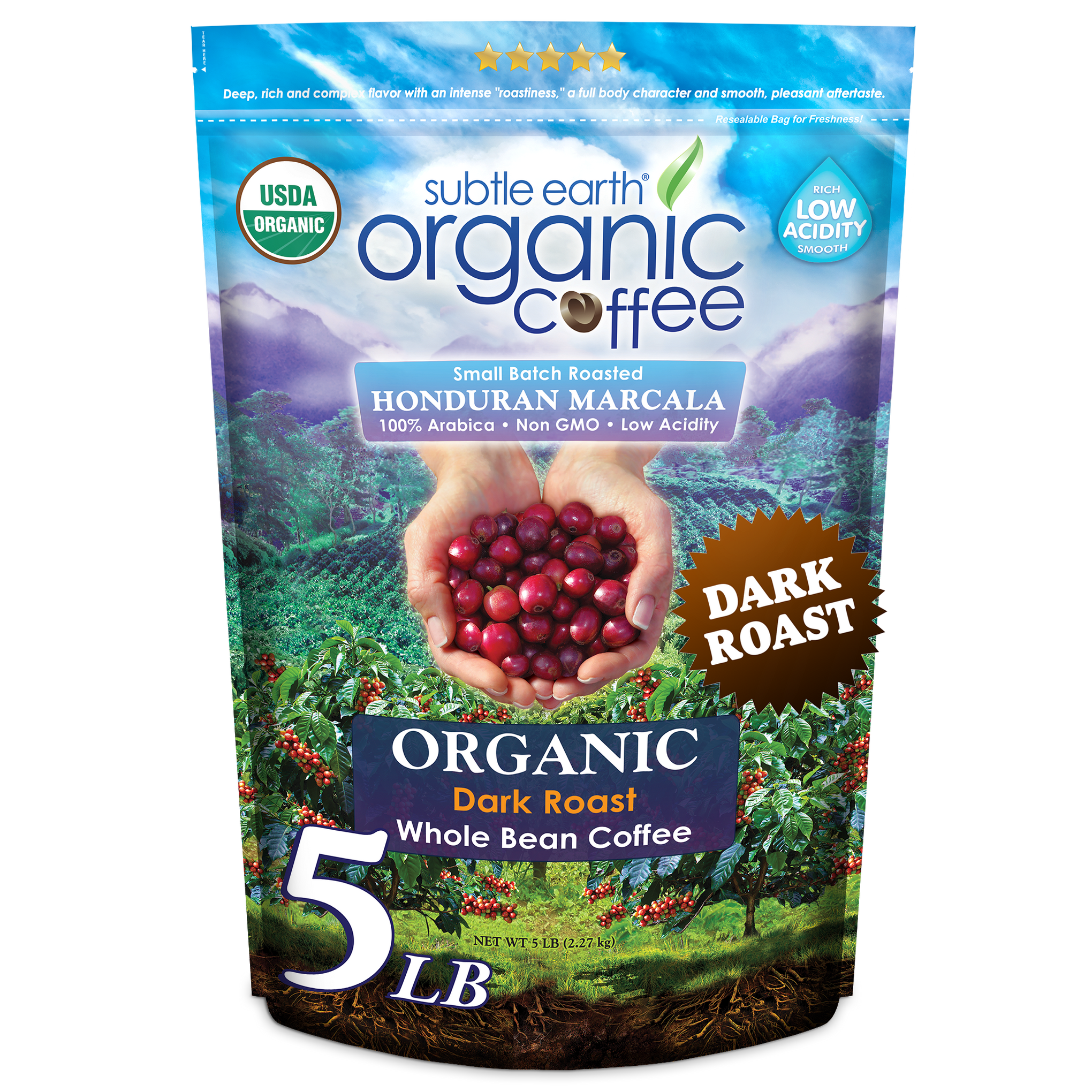 5LB Subtle Earth Organic Dark Roast Coffee bag — bold and smooth, small-batch roasted from the best organic Arabica beans; available whole bean or ground; deep, smoky richness with a sweet finish hide