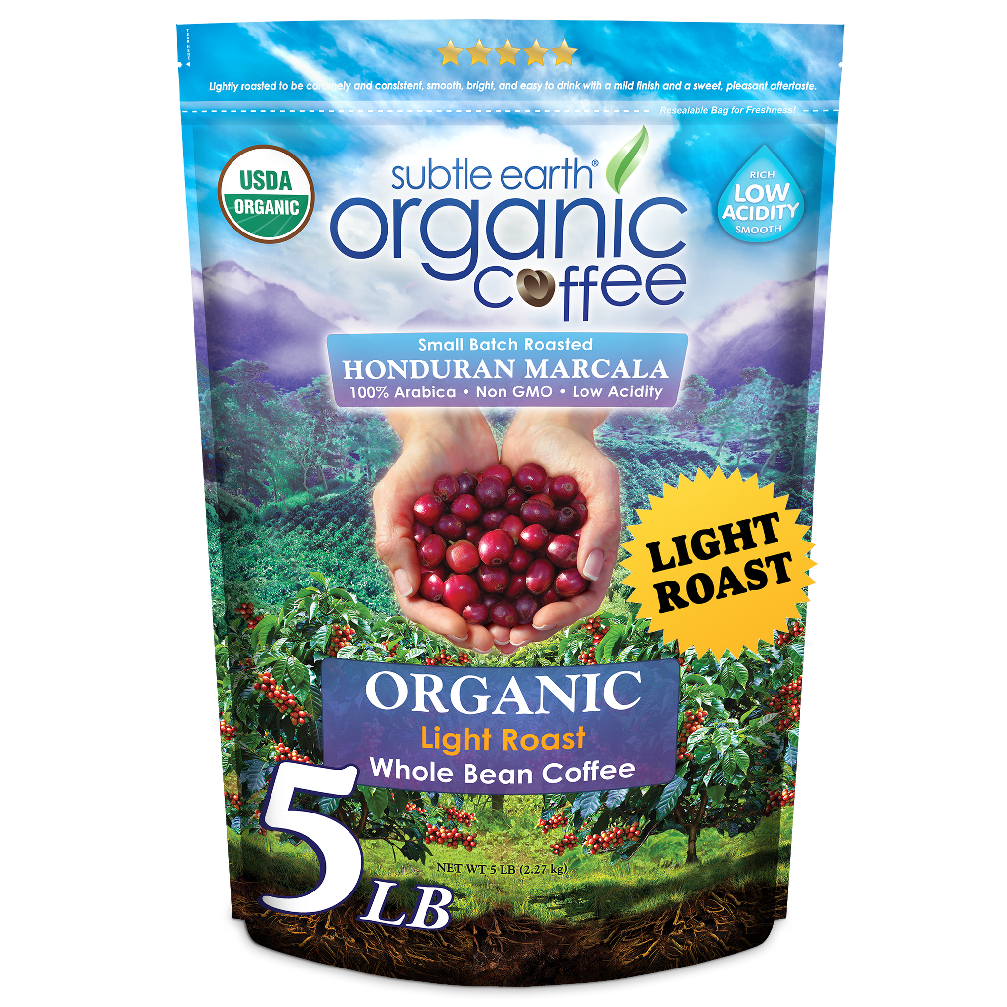 5LB Subtle Earth Organic Light Roast Coffee bag — small-batch roasted from the best organic Arabica beans; available whole bean or ground; mellow citrus and caramel notes with a clean finish hide