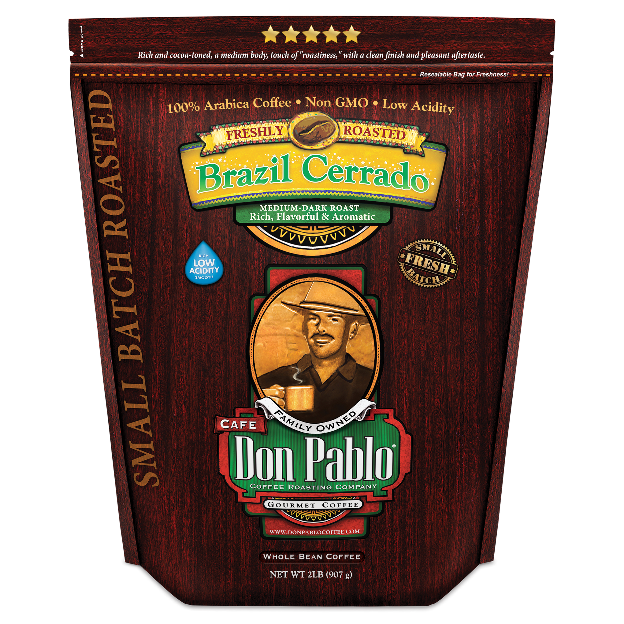 2LB Don Pablo Brazil Cerrado Coffee is smooth, semi-washed Medium-Dark roast with natural sweetness, medium body, low acidity, rich robust flavor, and ethically sourced.