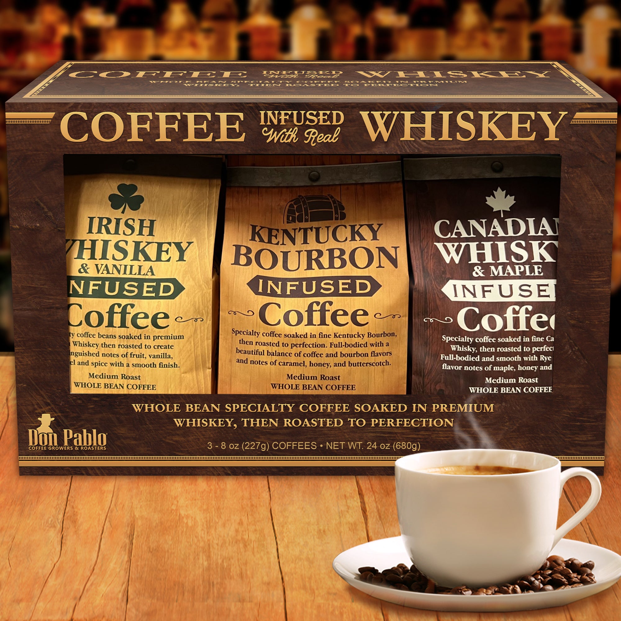 Don Pablo Whiskey Infused Coffee Gift Set – three 8 oz whole-bean bags in Bourbon, Maple, and Irish Vanilla, in a premium gift box