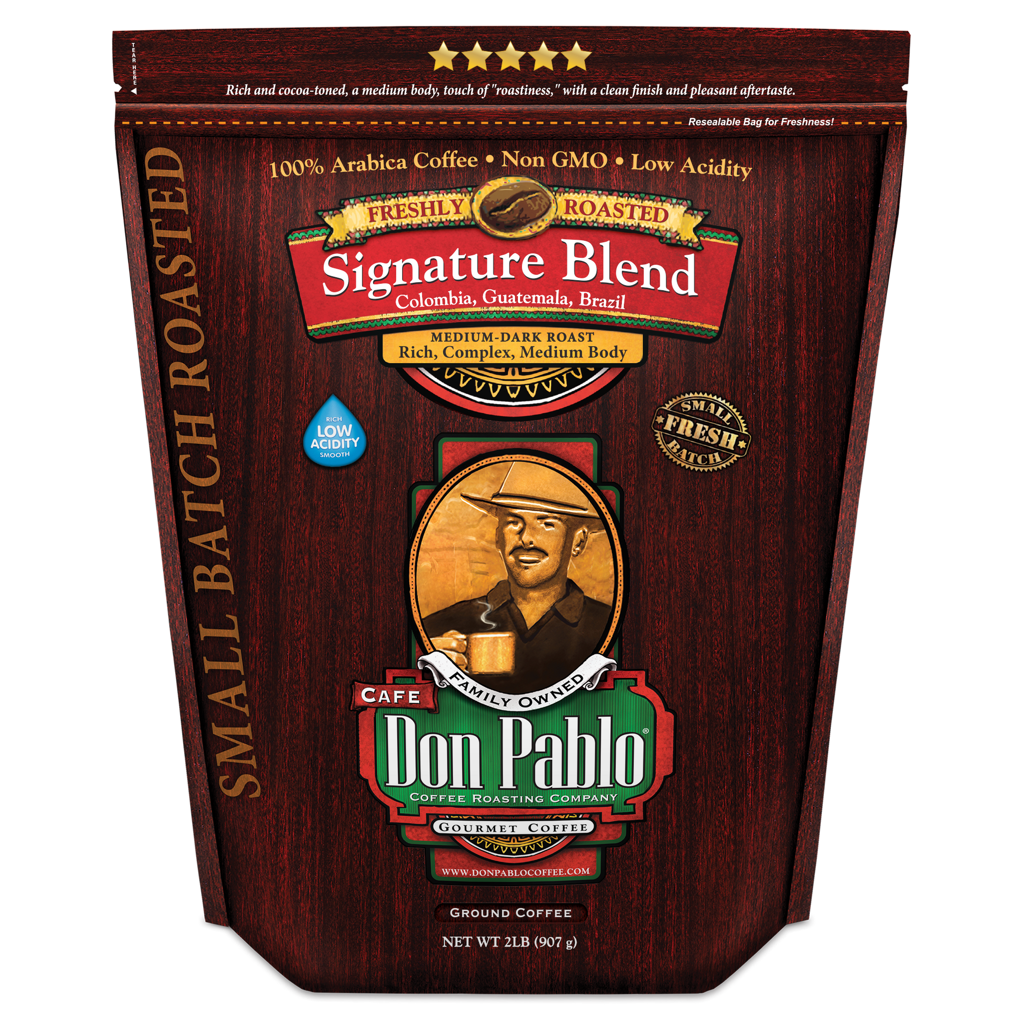 Don Pablo Signature Blend 2lb coffee bag — ground coffee; small-batch roasted with the best 100% Arabica beans, medium-dark roast with smooth, rich flavor and low acidity hide