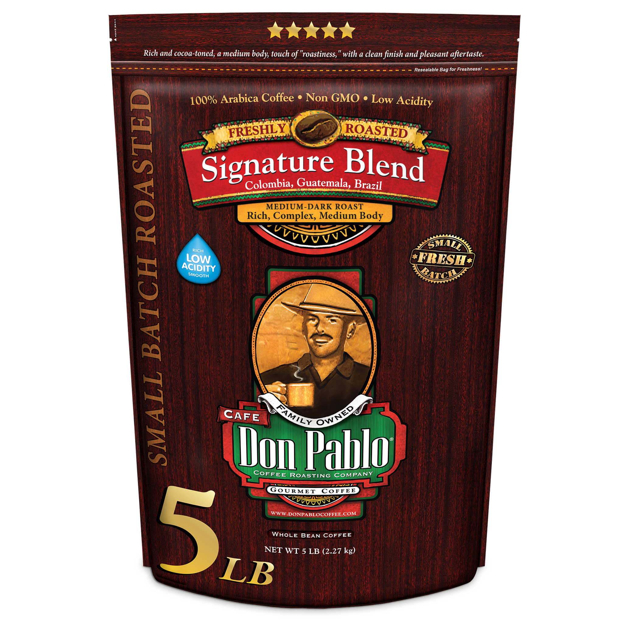 Don Pablo Signature Blend 5lb coffee bag — whole bean or ground; small-batch roasted with the best 100% Arabica beans, medium-dark roast with smooth, rich flavor and low acidity