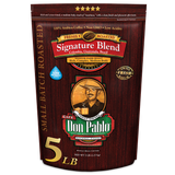 Don Pablo Signature Blend 5lb coffee bag — whole bean or ground; small-batch roasted with the best 100% Arabica beans, medium-dark roast with smooth, rich flavor and low acidity