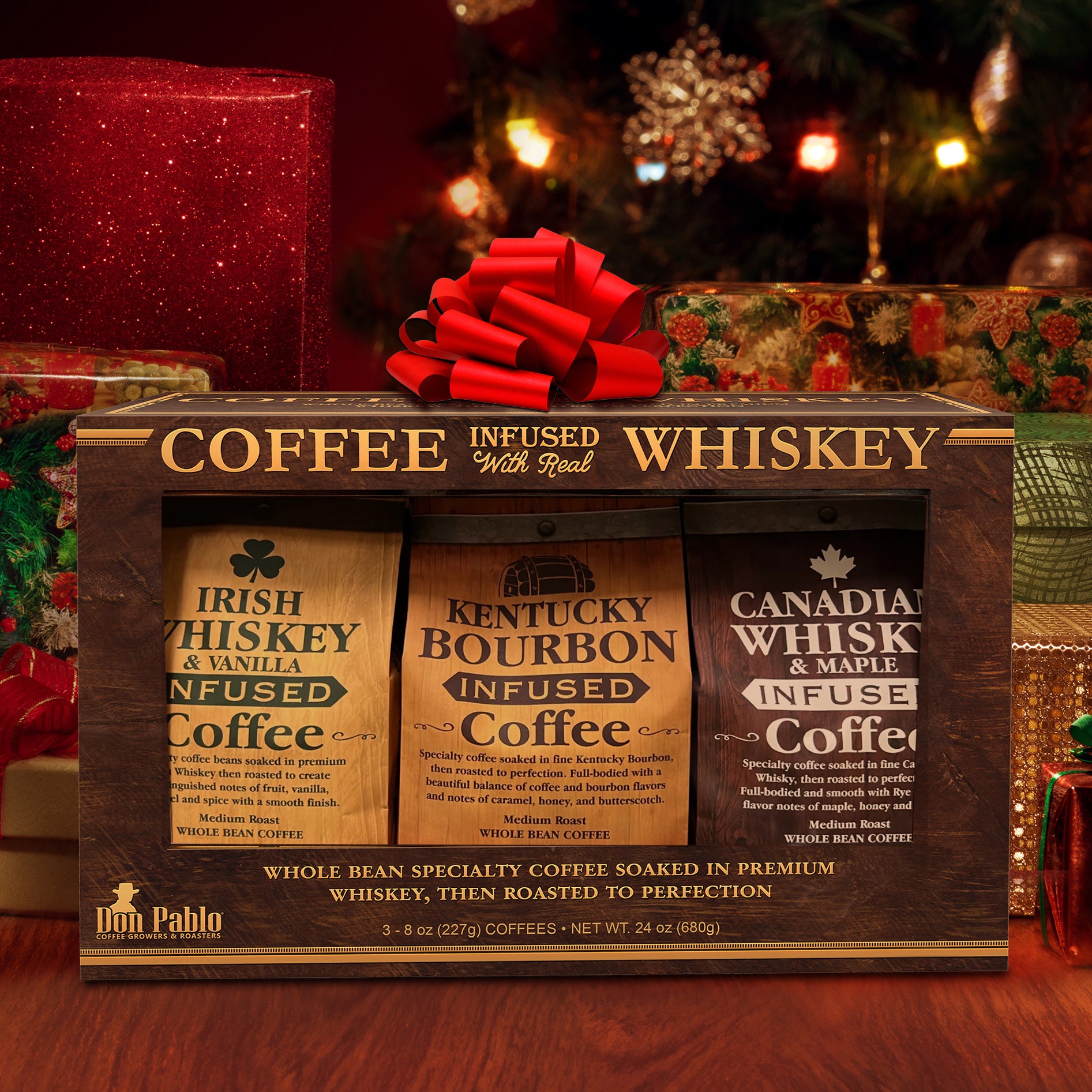 Don Pablo Whiskey Infused Coffee Gift Set with Irish, Kentucky Bourbon, and Canadian Maple coffee beans, wrapped for gifting.