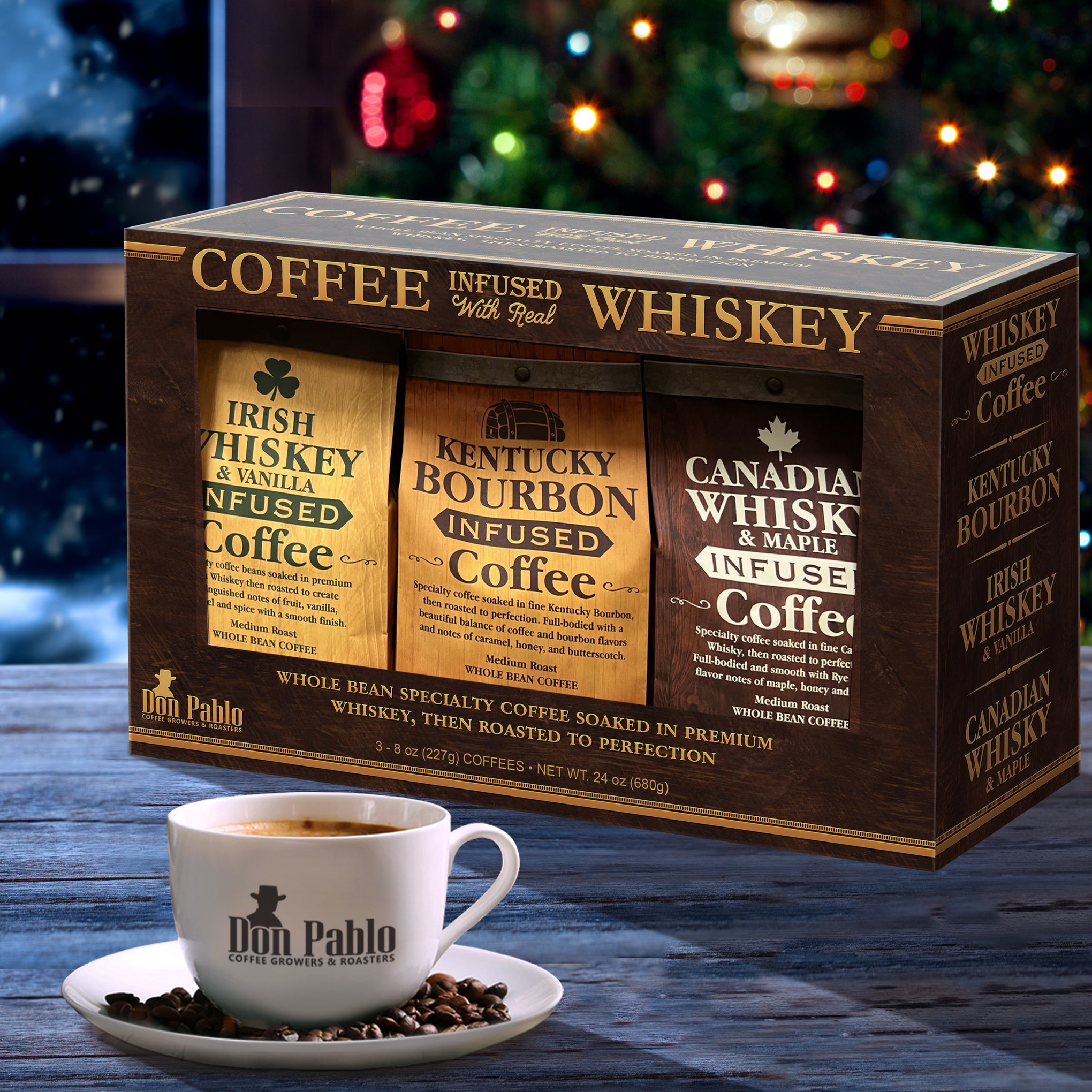 Don Pablo Whiskey Infused Coffee Gift Set – artisan whole-bean Bourbon, Maple, and Irish Vanilla coffees in a handsome gift box