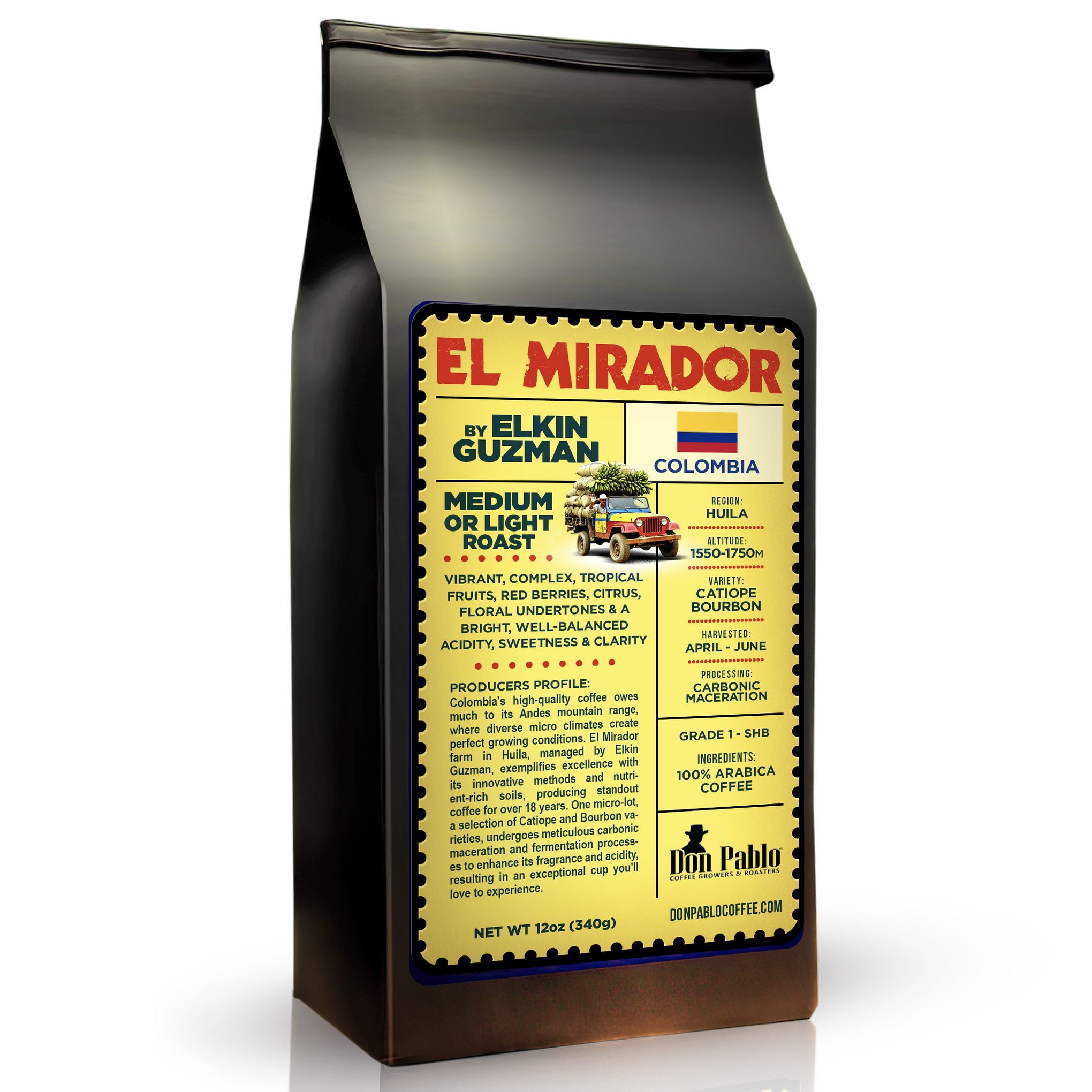 El Mirador Colombian coffee bag by Elkin Guzman, featuring vibrant flavors from Huila, Colombia.