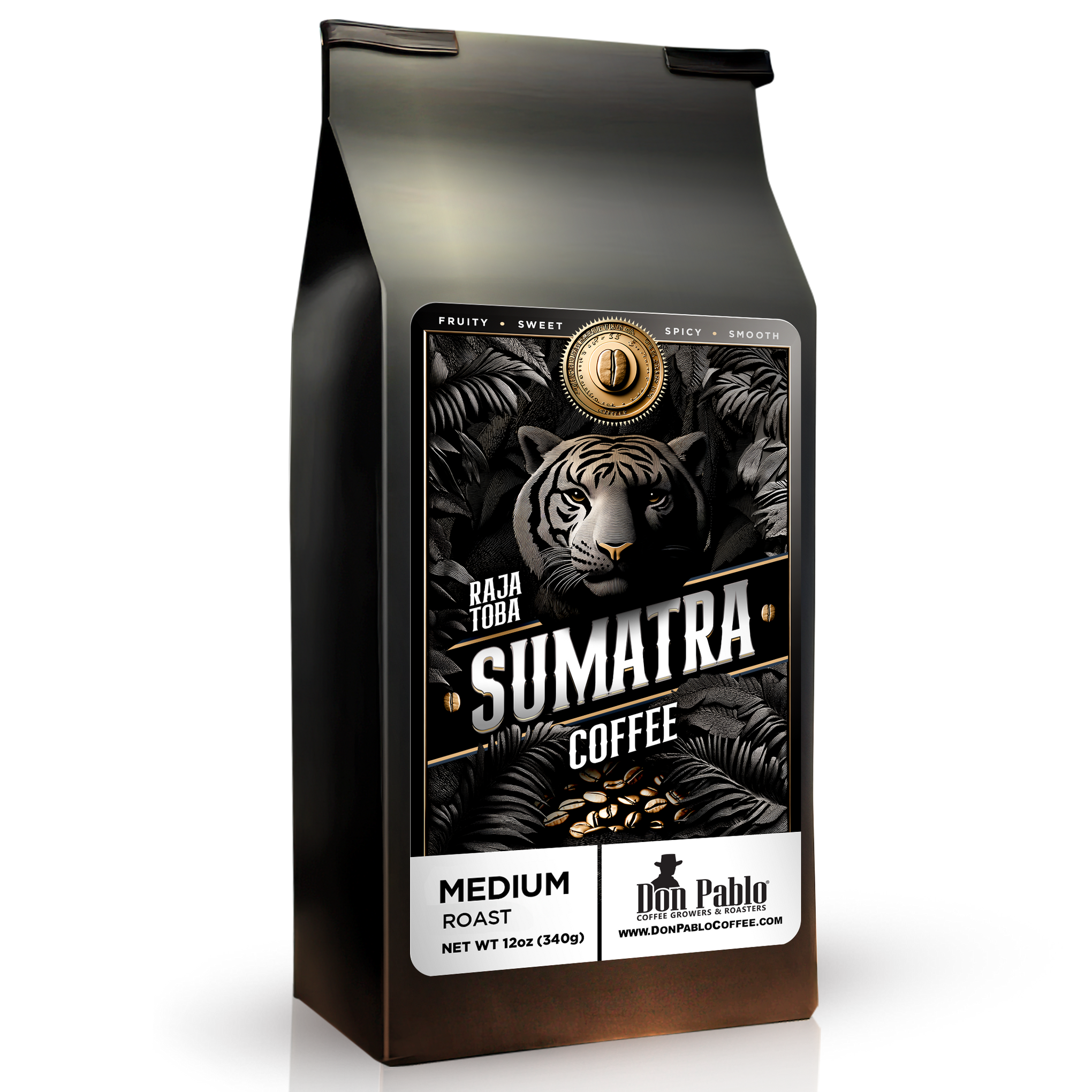 Limited release Raja Toba Sumatra coffee bag with medium roast label featuring a tiger motif.