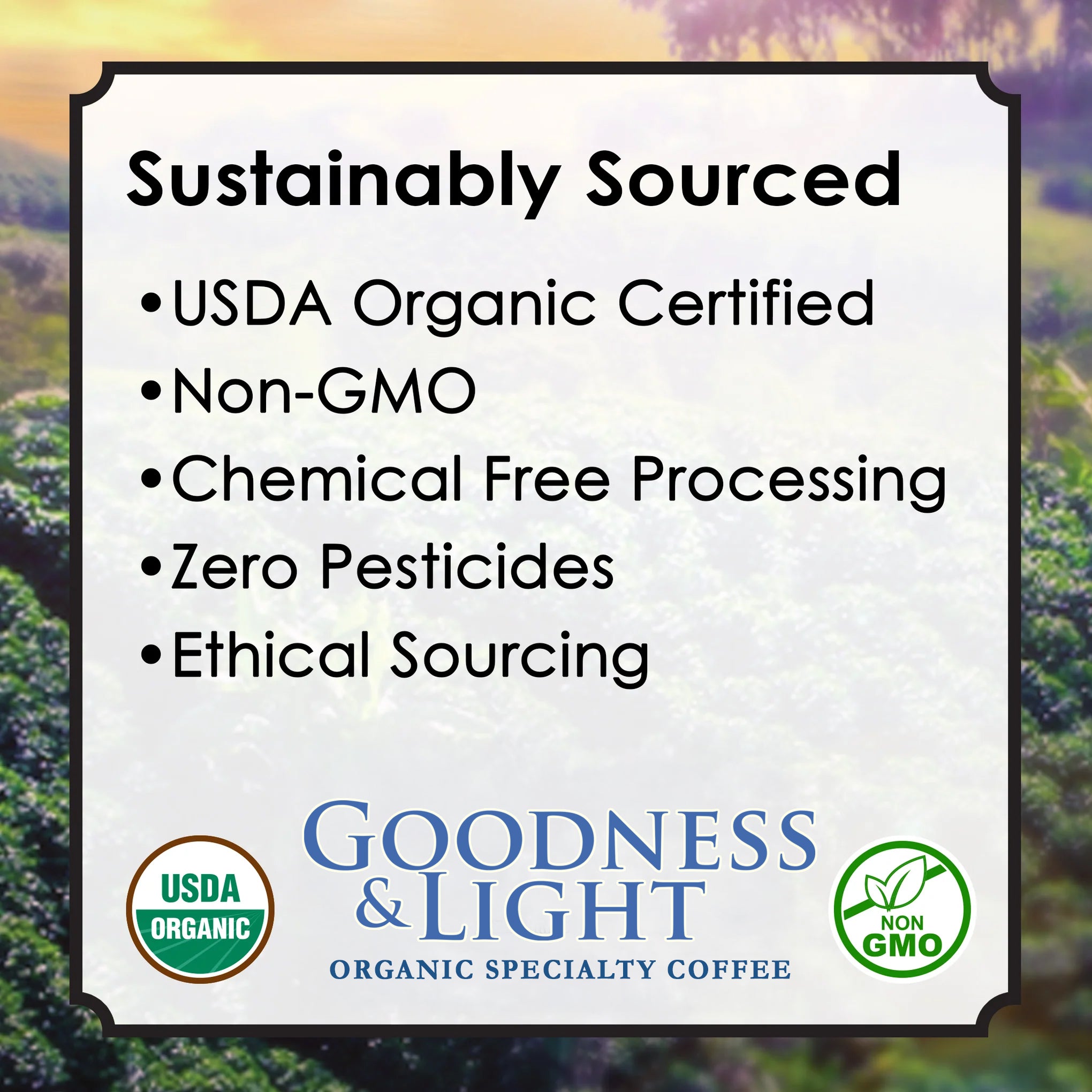Sustainably sourced organic coffee information featuring USDA Organic and Non-GMO certifications.