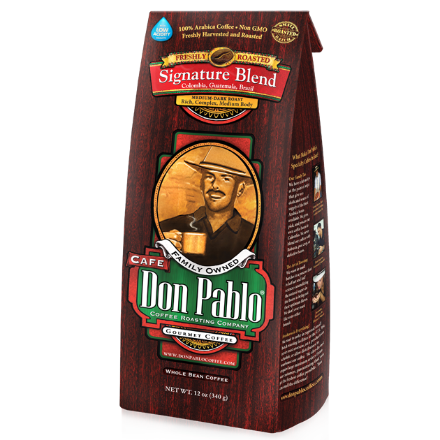 Don Pablo Signature Blend 12 ounce coffee bag — whole bean; small-batch roasted with the best 100% Arabica beans, medium-dark roast with smooth, rich flavor and low acidity