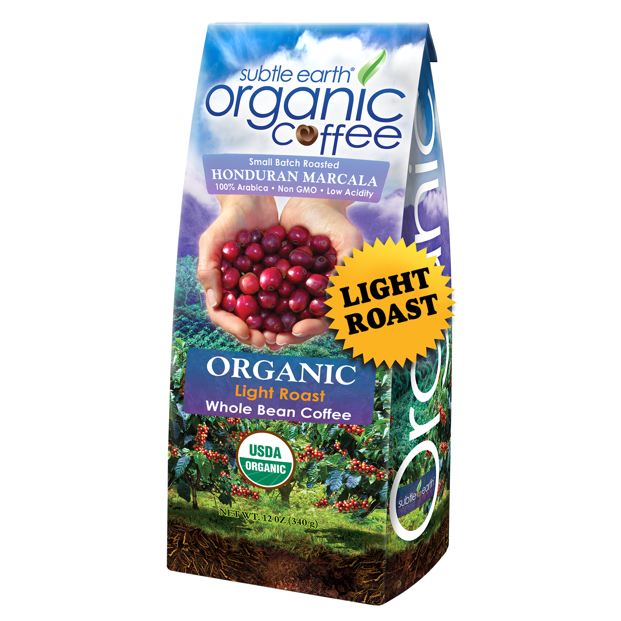 12 oz Subtle Earth Organic Light Roast Coffee bag — small-batch roasted from the best organic Arabica beans; available whole bean or ground; mellow citrus and caramel notes with a clean finish hide