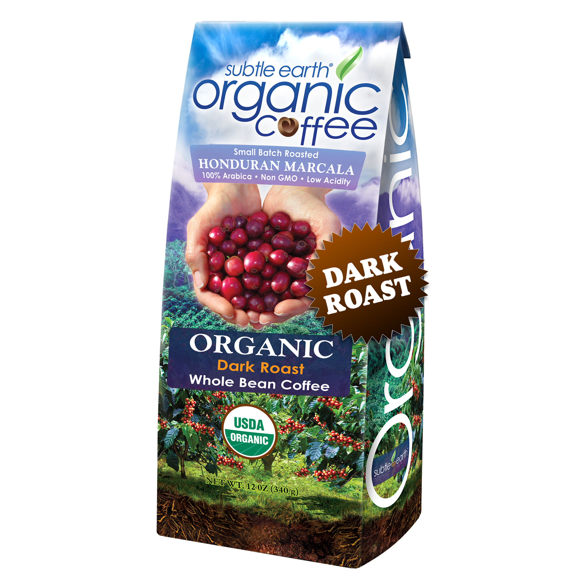12 oz Subtle Earth Organic Dark Roast Coffee bag — bold and smooth, small-batch roasted from the best organic Arabica beans; available whole bean or ground; deep, smoky richness with a sweet finish hide