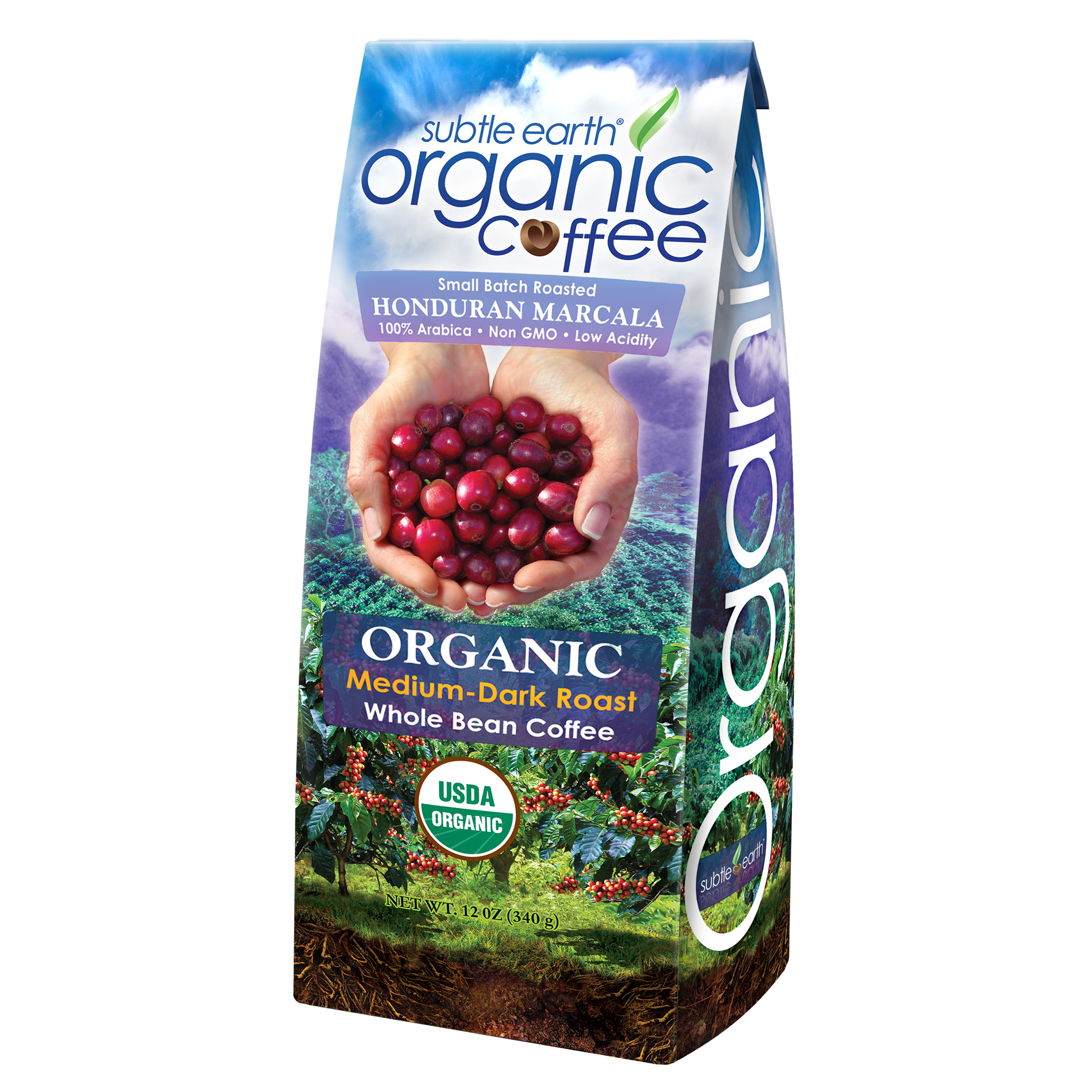 12oz Subtle Earth Organic Medium-Dark Roast Coffee bag — small-batch roasted from premium USDA Organic Arabica beans; available whole bean or ground; rich chocolate and caramel flavor with low acidity hide