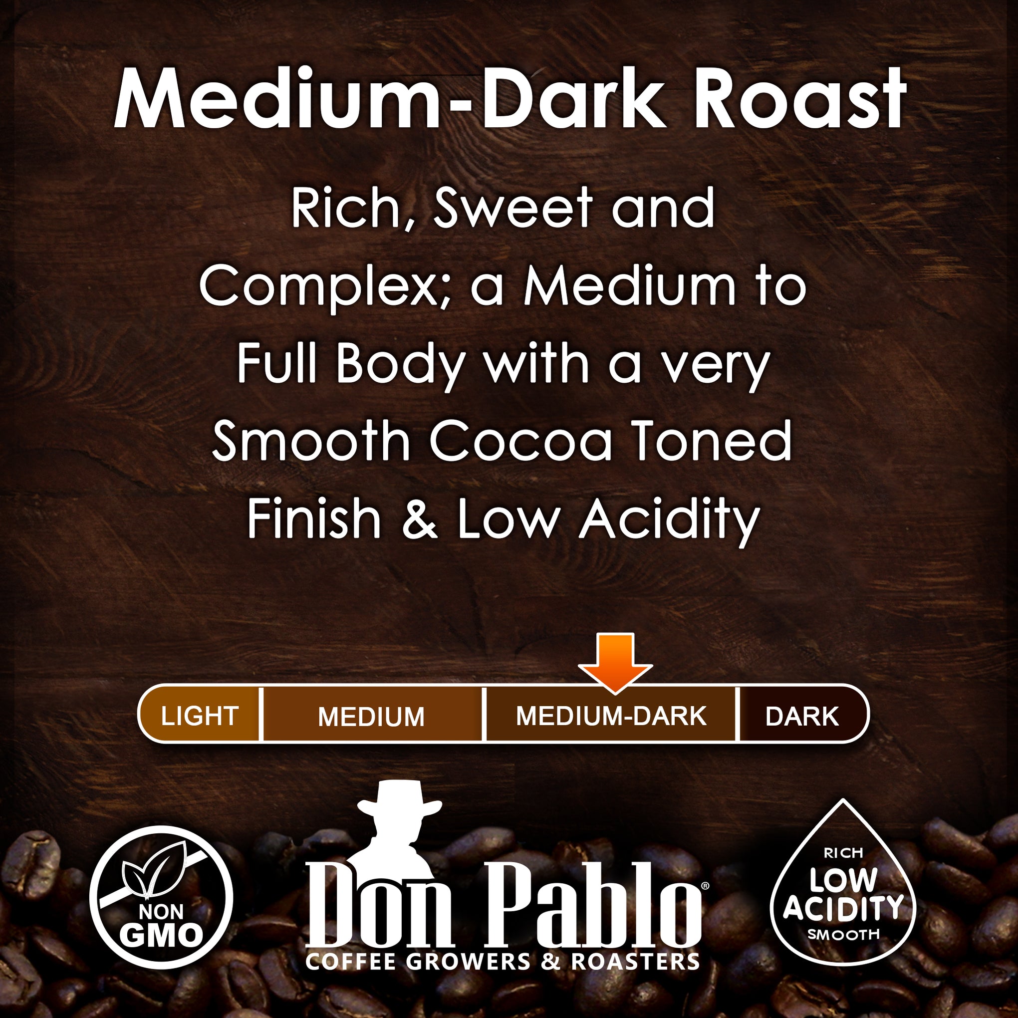 Don Pablo Signature Blend is rich, sweet and complex; a medium to full body and a very smooth cocoa toned finish with low acidity.