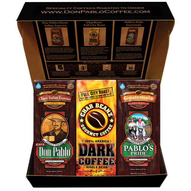 Don Pablo Dark Roast Coffee Sampler—Classic Italian Espresso, Pablo’s Pride Guatemala & Char Beanz Dark in a premium gift box. 3×12 oz bags.
