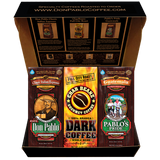 Don Pablo Dark Roast Coffee Sampler—Classic Italian Espresso, Pablo’s Pride Guatemala & Char Beanz Dark in a premium gift box. 3×12 oz bags.