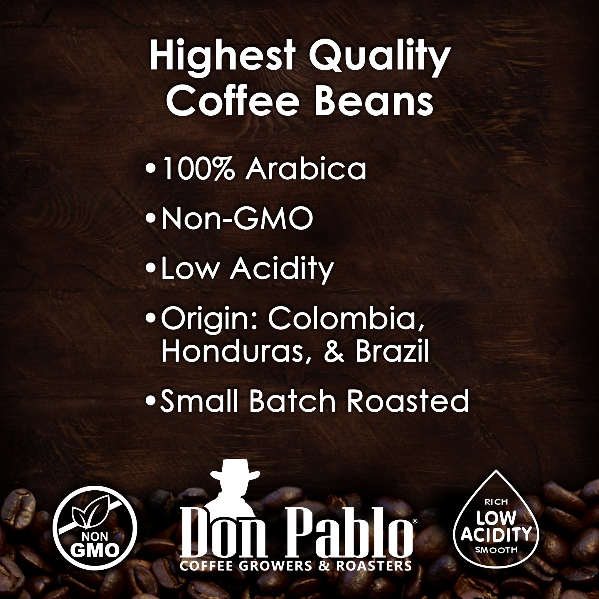 Bag of highest quality 100% Arabica coffee – Non-GMO, low acidity, sourced from Colombia, Honduras, and Brazil, small-batch roasted.