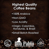 Bag of highest quality 100% Arabica coffee – Non-GMO, low acidity, sourced from Colombia, Honduras, and Brazil, small-batch roasted.