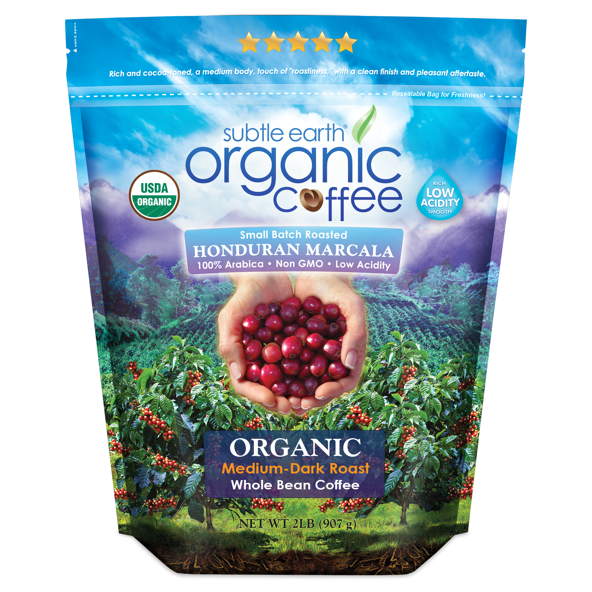 Subtle Earth Organic Medium-Dark Roast Coffee bag — small-batch roasted from premium organic Arabica beans; rich chocolate and caramel flavor with low acidity hide