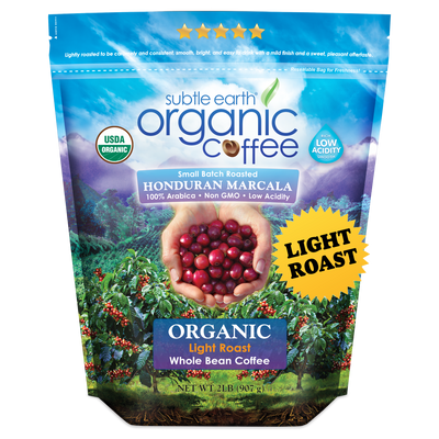2LB Subtle Earth Organic Light Roast Coffee bag — small-batch roasted from the best organic Arabica beans; available whole bean or ground; mellow citrus and caramel notes with a clean finish hide