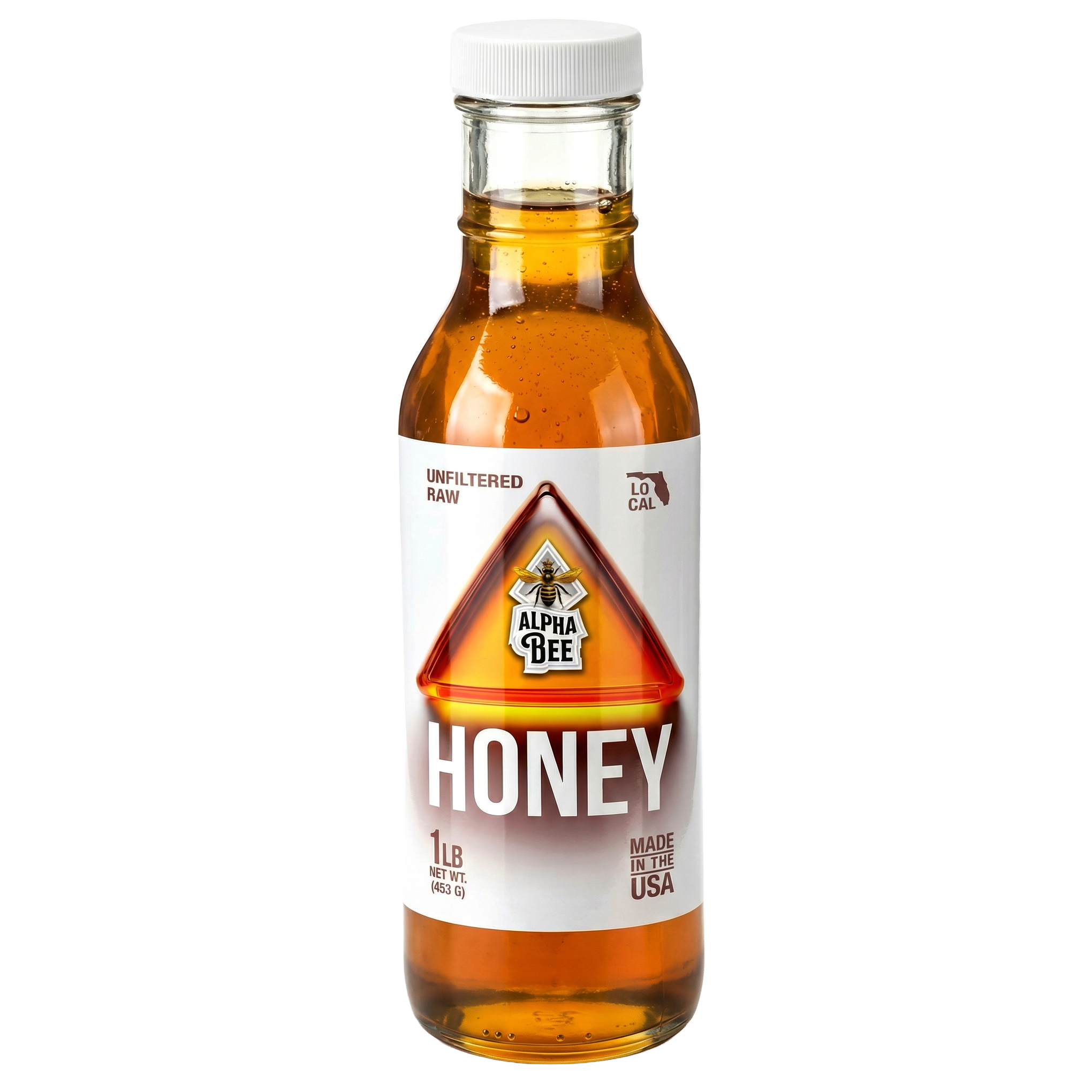 Bottle of Alpha Bee honey on a white background hide