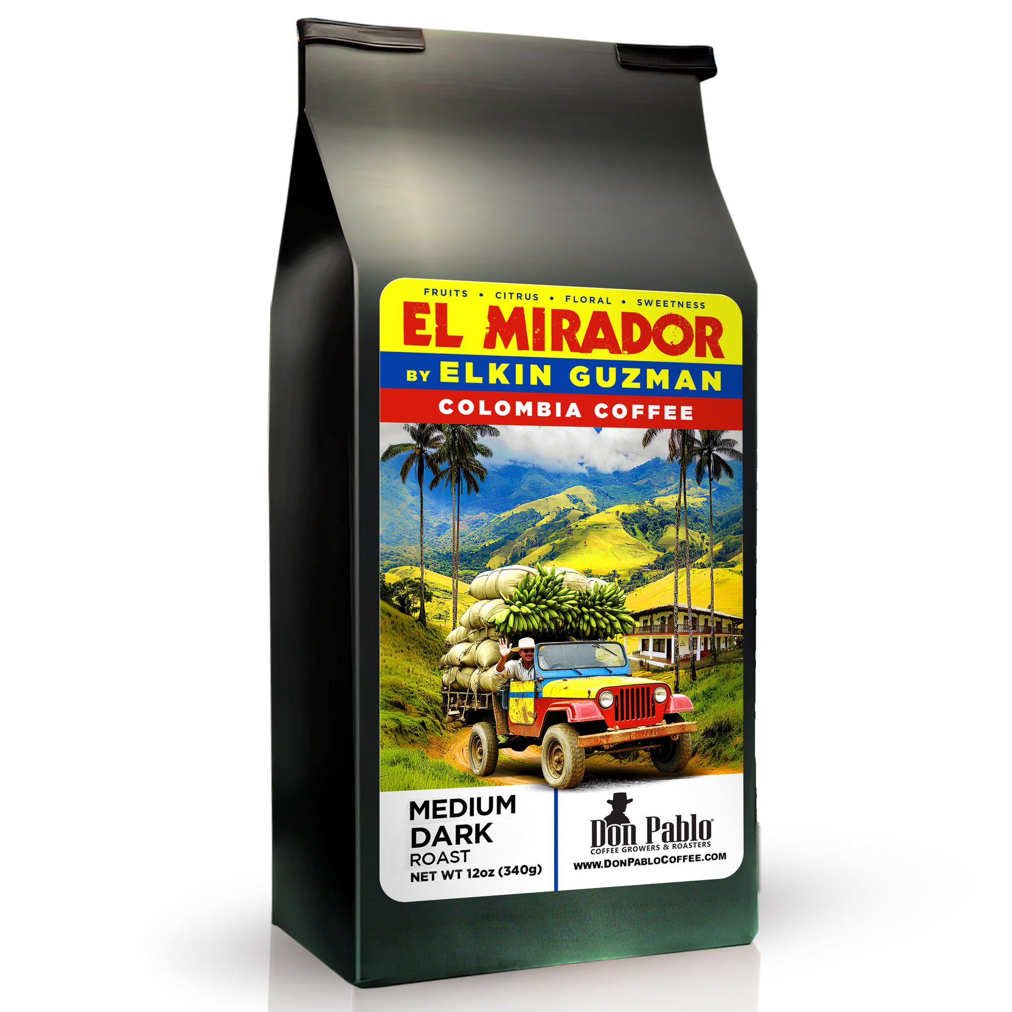 Coffee bag with 'El Mirador' branding and a scenic design on a white background