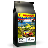 Coffee bag with 'El Mirador' branding and a scenic design on a white background
