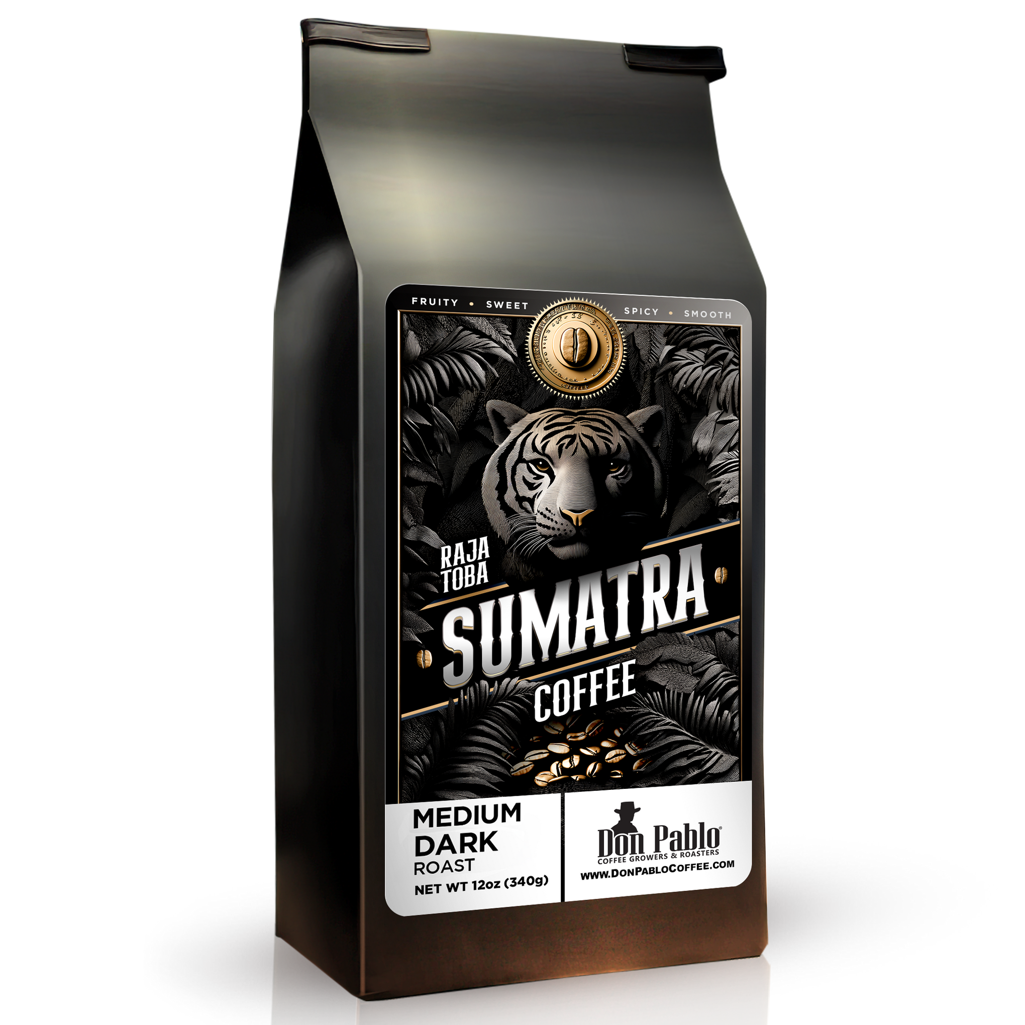 Sumatra coffee bag with tiger design on a white background