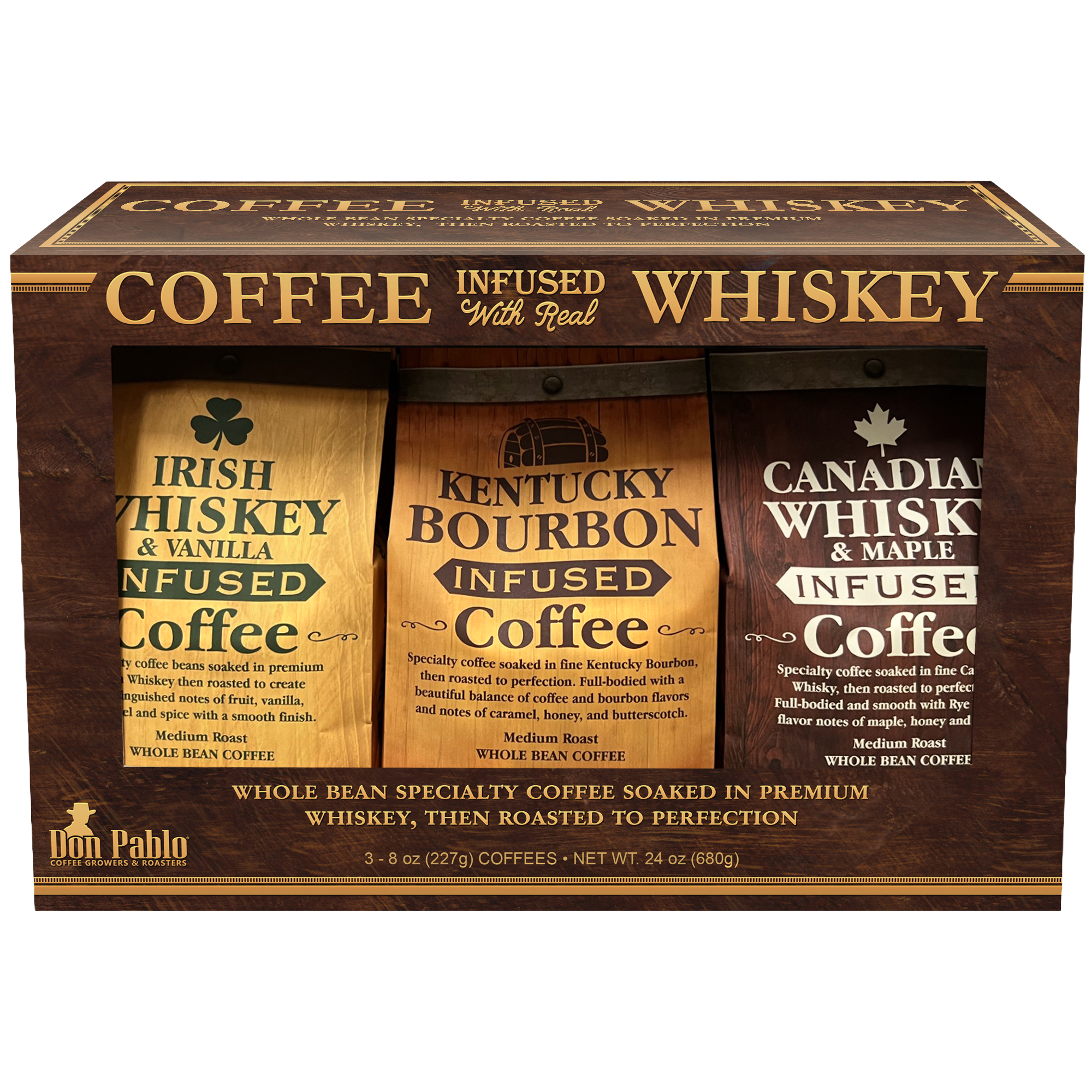 Whiskey infused coffee gift set from Don Pablo – 3 gourmet whole-bean blends: Bourbon, Maple, and Irish Vanilla, medium roast, non-alcoholic.