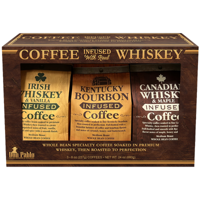 Whiskey infused coffee gift set from Don Pablo – 3 gourmet whole-bean blends: Bourbon, Maple, and Irish Vanilla, medium roast, non-alcoholic.