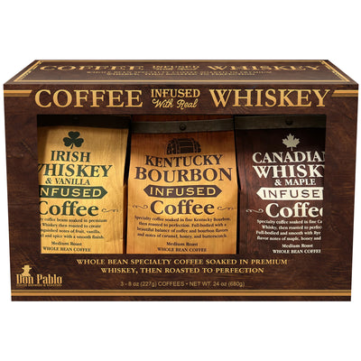 Whiskey infused coffee gift set from Don Pablo – 3 gourmet whole-bean blends: Bourbon, Maple, and Irish Vanilla, medium roast, non-alcoholic.