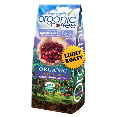 12 oz Subtle Earth Organic Light Roast Coffee bag — small-batch roasted from the best organic Arabica beans; available whole bean or ground; mellow citrus and caramel notes with a clean finish hide